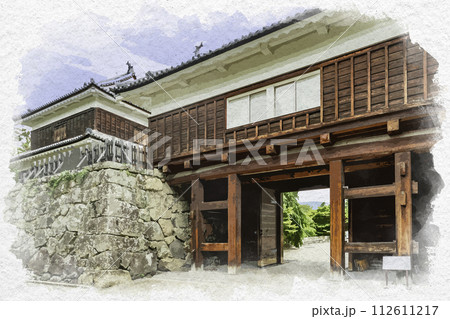 水彩画風　上田城　東虎口櫓門　長野県上田市 112611217