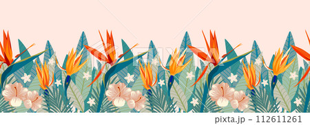 Tropical flower seamless border pattern with pastel color hibiscus, orange and yellow strelitzia, frangipani and green fern leaf horizontal background, hand drawing illustration Tropical flower seamless border pattern with pastel color hibiscus, orange and yellow strelitzia, frangipani and green fern leaf horizontal background, hand drawing illustration 112611261