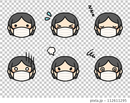 A set of various facial expressions with a middle-parted person wearing a mask A set of various facial expressions with a middle-parted person wearing a mask 112611295