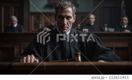 Serious male judge in a courtroom setting with...のイラスト素材 [112611453 ...