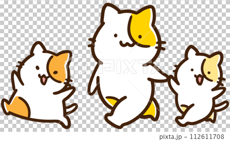 親子三人で散歩をするかわいいねこたちのキャラクターのデフォルメイラスト 112611708