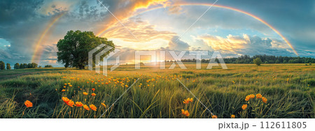 Panoramic view of a vibrant rainbow over a poppy field at sunset 112611805