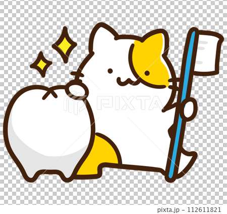 一隻手用牙刷清潔牙齒的可愛貓角色的變形插圖 112611821