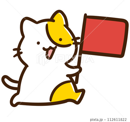 赤い旗を持って歩くかわいいねこのキャラクターのデフォルメイラスト 112611822