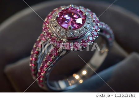 Silver or white gold cocktail ring with diamonds and pink sapphires closeup. Precious gems and metals, natural gemstone jewelry 112612263