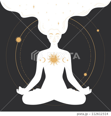 Woman sitting in lotus pose and meditating in golden circle. Celestial magical art. Vector illustration Woman sitting in lotus pose and meditating in golden circle. Celestial magical art. Vector illustration 112612314