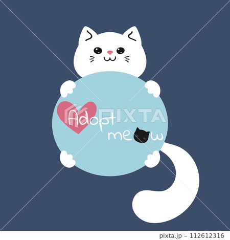 Cute white cat holding banner Adopt meow. Adopt a pet concept. Vector illustration 112612316