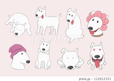 Cartoon dog set with a funny bull terrier. Funny dog character. Hand drawn vector illustration Cartoon dog set with a funny bull terrier. Funny dog character. Hand drawn vector illustration 112612331