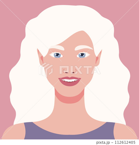 Beautiful happy Albino woman portrait. Avatar of a young female with albinism. Genetic rare appearance. Vector illustration 112612405