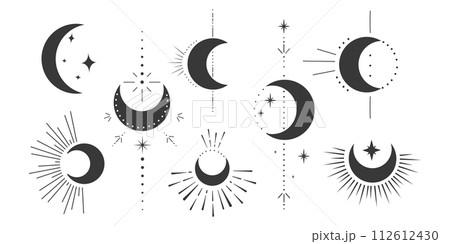Set mystic moon celestial astrology magic element with rays, stars, burst minimal line tattoo, border or decoration isolated Space symbols, emblem. 112612430