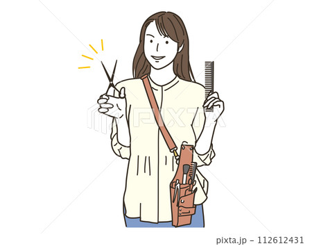 散髪ハサミを持つカメラ目線の美容師の女性 112612431