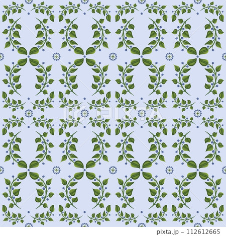 Seamless botanical pattern with twigs and leaves. blueberries. Ornate pattern of plants, delicate curves and weaves. Seamless botanical pattern with twigs and leaves. blueberries. Ornate pattern of plants, delicate curves and weaves. 112612665