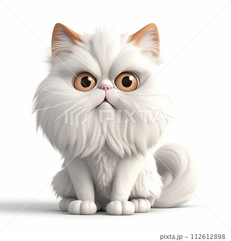 White fluffy Persian cat, funny cute 3D illustration on white, unusual avatar, cheeful pet	 112612898