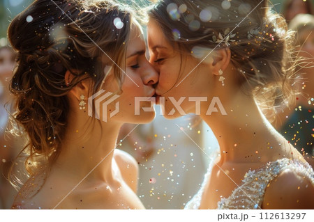 Two women share a gentle kiss surrounded by festive confetti 112613297