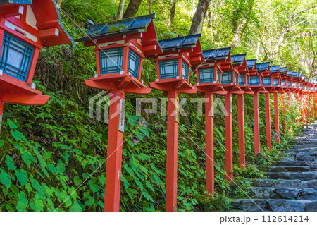 京都の貴船神社の灯篭が並んだ階段 112614214