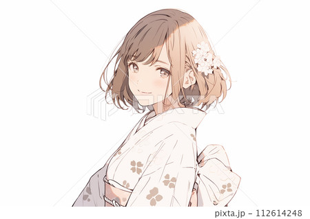 着物の女性のイラスト、白背景(AI生成画像) 着物の女性のイラスト、白背景(AI生成画像) 112614248