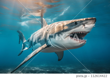 A shark in the water with its mouth wide open, displaying rows of sharp teeth. AI-generated item 112614422
