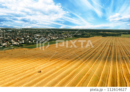 Aerial View Of summer Hay Rolls Straw Field Landscape. Haystacks, Hay Rolls. Harvest Season. Elevated View Aerial View Of summer Hay Rolls Straw Field Landscape. Haystacks, Hay Rolls. Harvest Season. Elevated View 112614627