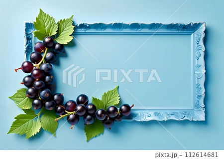 Blue background with black currants. 112614681