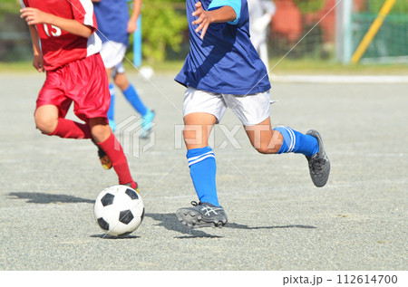 少年サッカーの試合（ドリブルする選手） 112614700