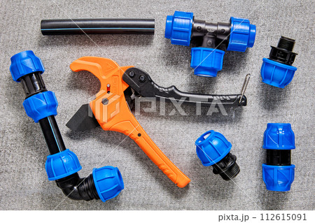 PP connection fitting for compression pipe connectors with pipe cutter. PP connection fitting for compression pipe connectors with pipe cutter. 112615091