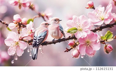 Close-up flowers on the branch , a pair of pastel pink birds feathers sit on a branch with spring apple flower 112615131