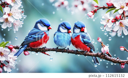 A pair of birds with red and blue feathers sit on a branch with spring charry flowers 112615132