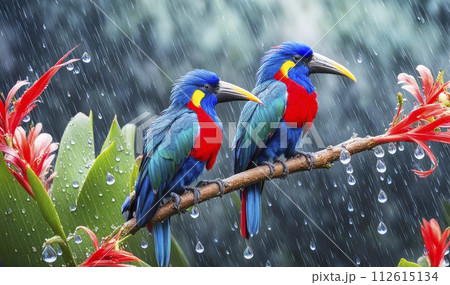 A pair of birds of paradise with red and blue feathers sit on a branch with spring flowers under the rain A pair of birds of paradise with red and blue feathers sit on a branch with spring flowers under the rain 112615134