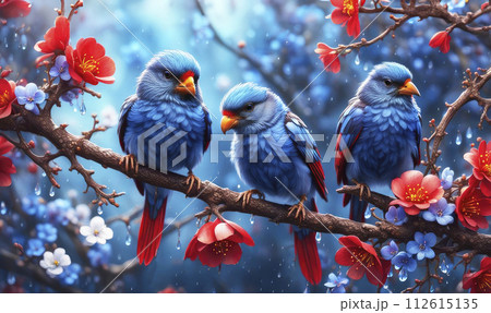 A pair of birds with red and blue feathers sit on a branch with spring charry flowers A pair of birds with red and blue feathers sit on a branch with spring charry flowers 112615135