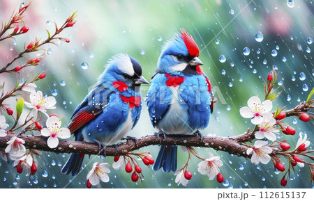A pair of birds with red and blue feathers sit on a branch with spring charry flowers A pair of birds with red and blue feathers sit on a branch with spring charry flowers 112615137