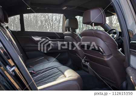 Inside moden car background, luxury car interior elements wallpaper. Black leather car interior 112615350