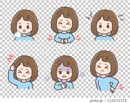 Illustration of symptoms of menstrual pain Illustration of symptoms of menstrual pain 112615378