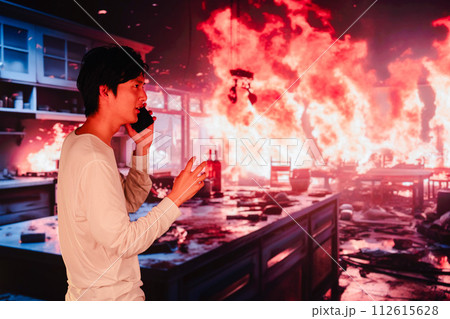火事現場から消防に通報をする若い男性 火事現場から消防に通報をする若い男性 112615628