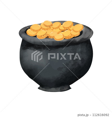 Black pot with gold coins, St Patrick Day. 112616092