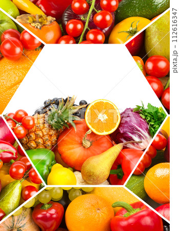 Set of vegetables and fruits. Free space for text. Vertical photo 112616347
