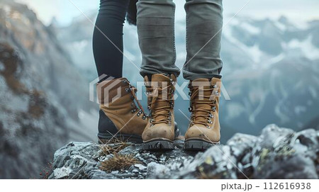 Close-up of two pairs of legs wearing hiking boots on a mountain peak. adventurous spirits exploring the wilderness. outdoor lifestyle captured in nature's embrace. AI 112616938