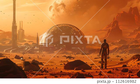Lone explorer on a dystopian mars, futuristic sci-fi landscape. mysterious world, survival quest. science fiction scene depiction. AI 112616982