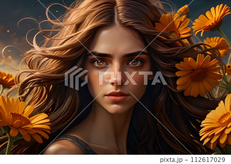 Beautiful girl with long hair, with calendula flowers in her hair. Beautiful girl with long hair, with calendula flowers in her hair. 112617029