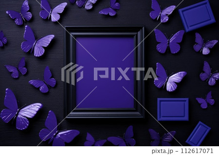 AI generated minimalism monocolor blue butterflies on black background with copy space. 112617071
