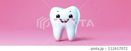 Funny cartoon tooth character on bright background. Tooth care concept. Minimalistic design for advertising a dental clinic, orthodontist's business cards. 112617072