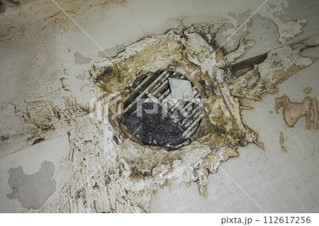 Drain grate clogged with hair in shower led to poor ventilation and appearance of putrefactive fungi. Example of unprofessional construction work, which can lead to consequences for health of people Drain grate clogged with hair in shower led to poor ventilation and appearance of putrefactive fungi. Example of unprofessional construction work, which can lead to consequences for health of people 112617256