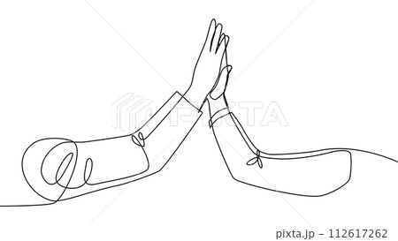 Continuous line of men giving high fives gesture hands to celebrate success. Business teamwork concept 112617262