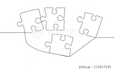 One line connecting puzzle pieces in one continuous line. Puzzle element. 112617295