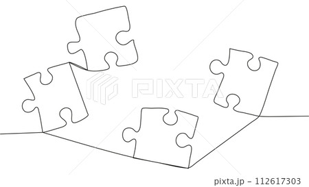 One line connecting puzzle pieces in one continuous line. Puzzle element. 112617303