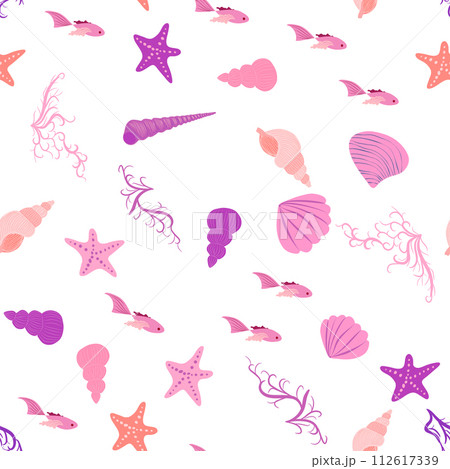 Seamless pattern with starfish, corals, pearls and seashells. Vector background with marine theme. 112617339