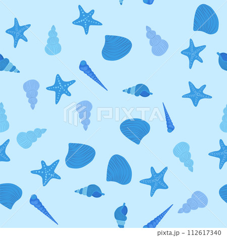 Seamless pattern with starfish, corals, pearls and seashells. Vector background with marine theme. 112617340