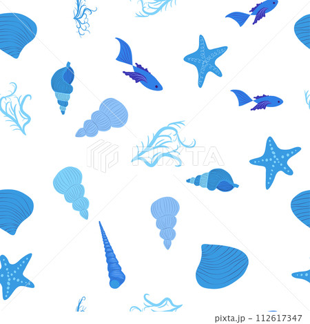 Seamless pattern with starfish, corals, pearls and seashells. Vector background with marine theme. Seamless pattern with starfish, corals, pearls and seashells. Vector background with marine theme. 112617347