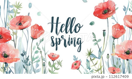 Hand painted Hello Spring watercolor greeting with poppy flowers 112617409
