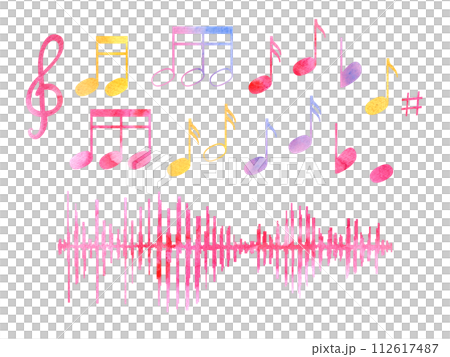 Watercolor music notes and equalizer wave in sketch style. Multicolored music elements, sound waves. Audio, signal, voice recording. Hand drawn illustration for design Watercolor music notes and equalizer wave in sketch style. Multicolored music elements, sound waves. Audio, signal, voice recording. Hand drawn illustration for design 112617487