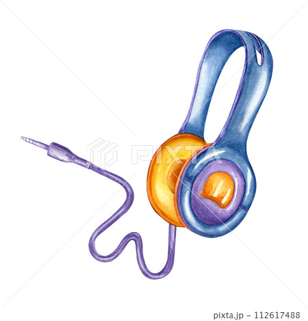 Blue yellow Earphones with purple wire. Music equipment mobile device. Listen audio. Headphones. Earpiece for listening to music. Watercolor illustration for design, label, logo. Blue yellow Earphones with purple wire. Music equipment mobile device. Listen audio. Headphones. Earpiece for listening to music. Watercolor illustration for design, label, logo. 112617488